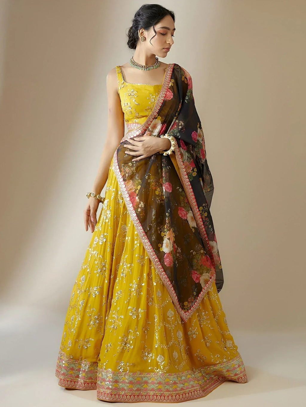 Tulsi Art Awesome Yellow Sequins Georgette Festival Wear Lehenga Choli | Grocsy