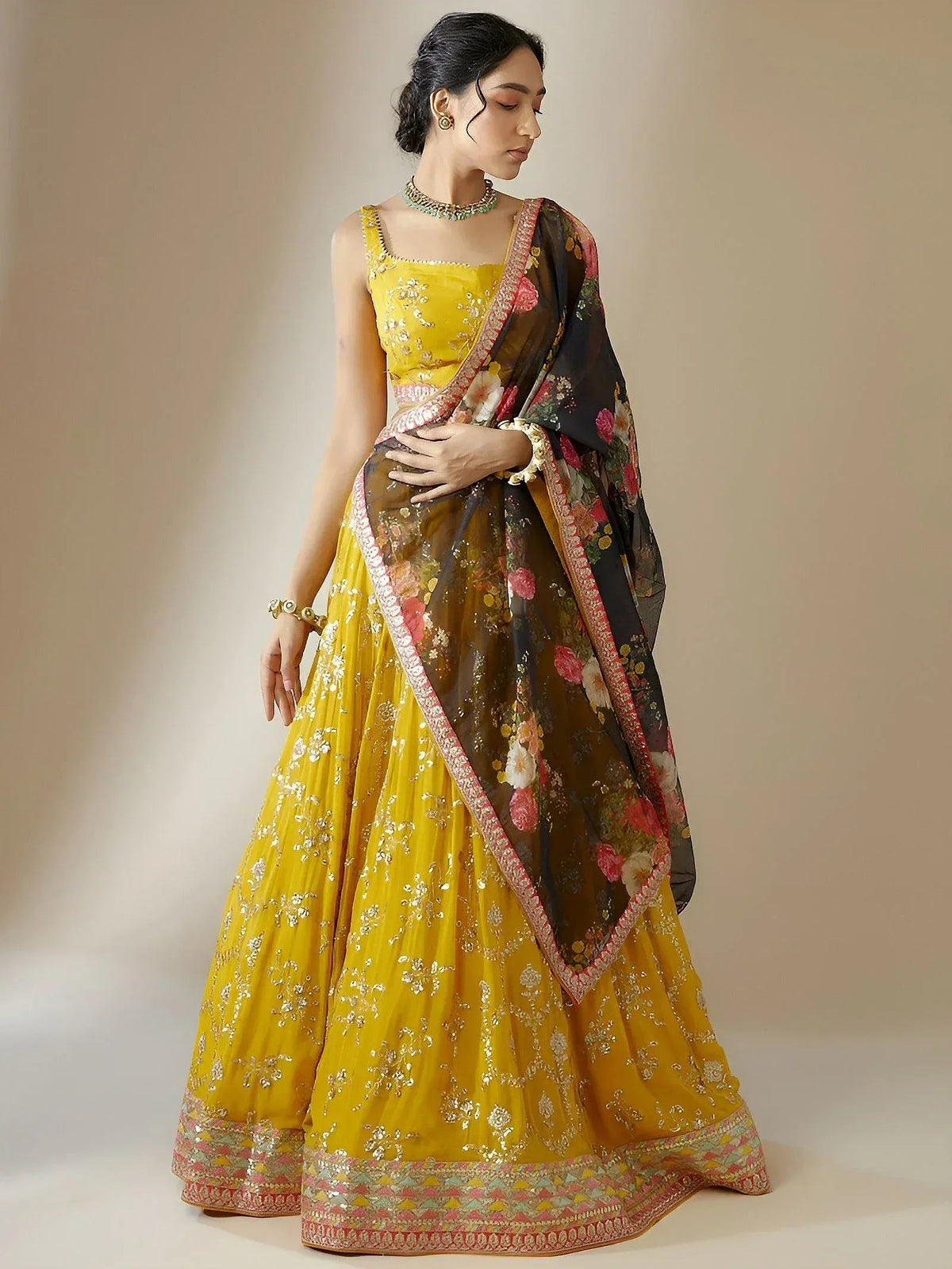 Tulsi Art Awesome Yellow Sequins Georgette Festival Wear Lehenga Choli | Grocsy