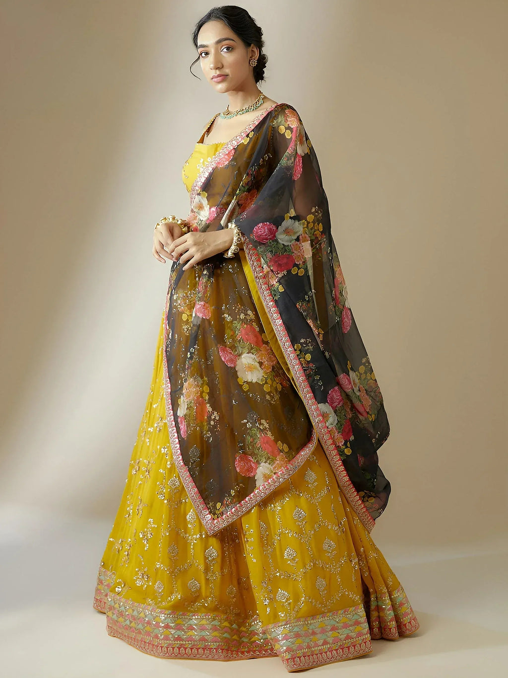 Tulsi Art Awesome Yellow Sequins Georgette Festival Wear Lehenga Choli | Grocsy