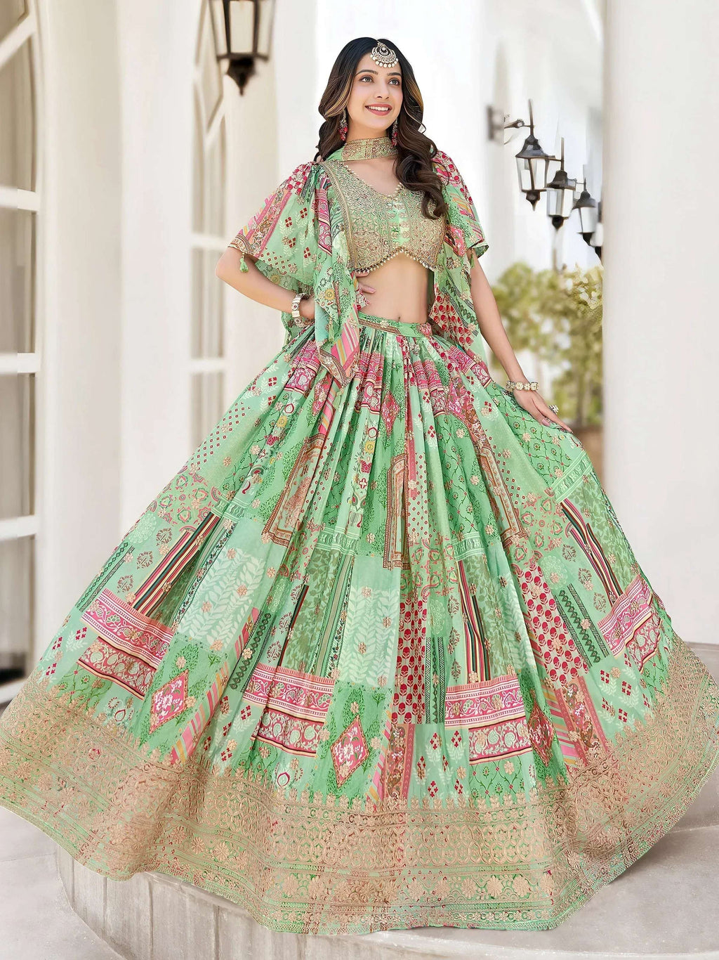 Tulsi Art Gorgeous Pista Green Chinon Dori Embroidered Lehenga Choli | Grocsy