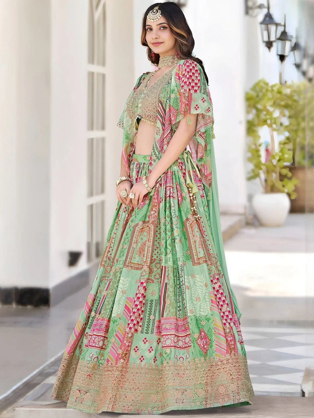 Tulsi Art Gorgeous Pista Green Chinon Dori Embroidered Lehenga Choli | Grocsy
