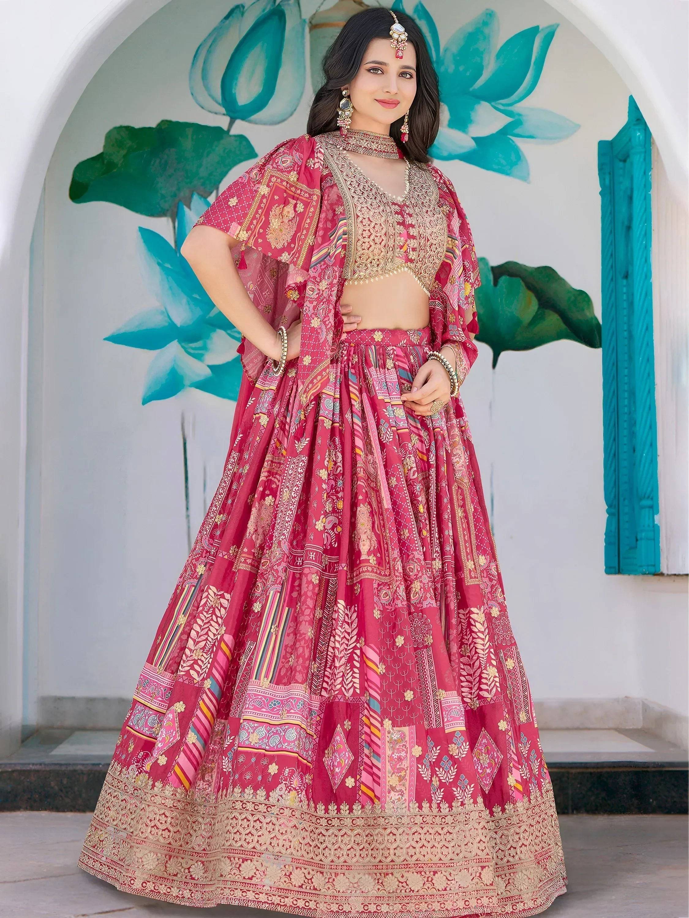 Tulsi Art Attractive Pink Chinon Thread Embroidered Wedding Wear Lehenga Choli | Grocsy