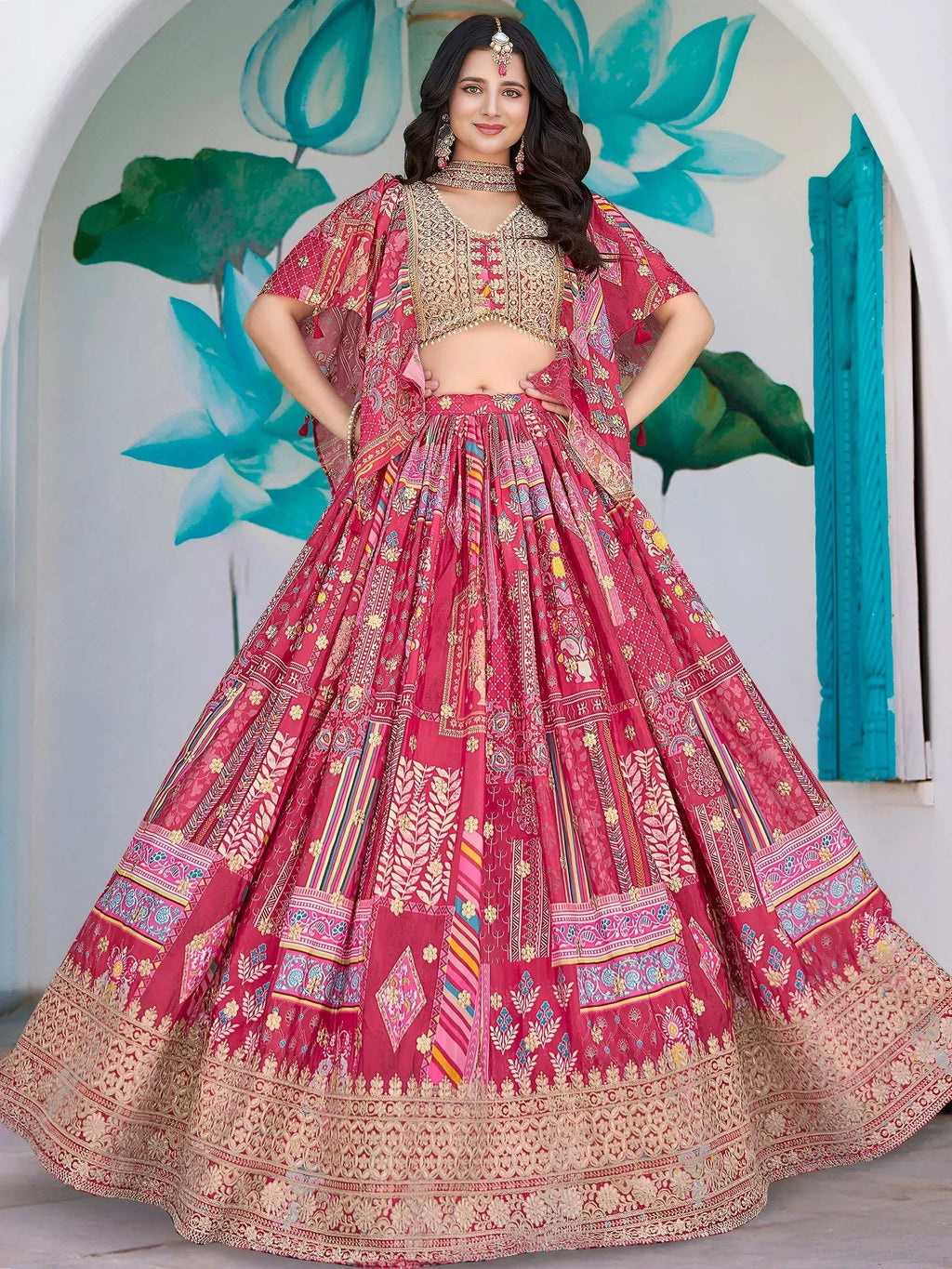 Tulsi Art Attractive Pink Chinon Thread Embroidered Wedding Wear Lehenga Choli | Grocsy