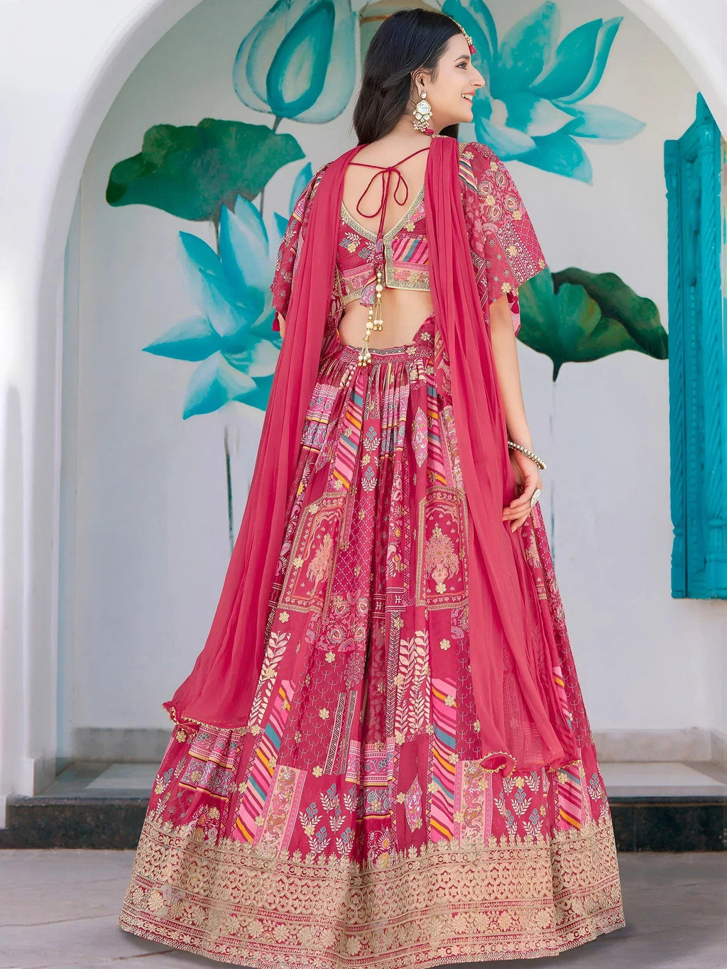 Tulsi Art Attractive Pink Chinon Thread Embroidered Wedding Wear Lehenga Choli | Grocsy