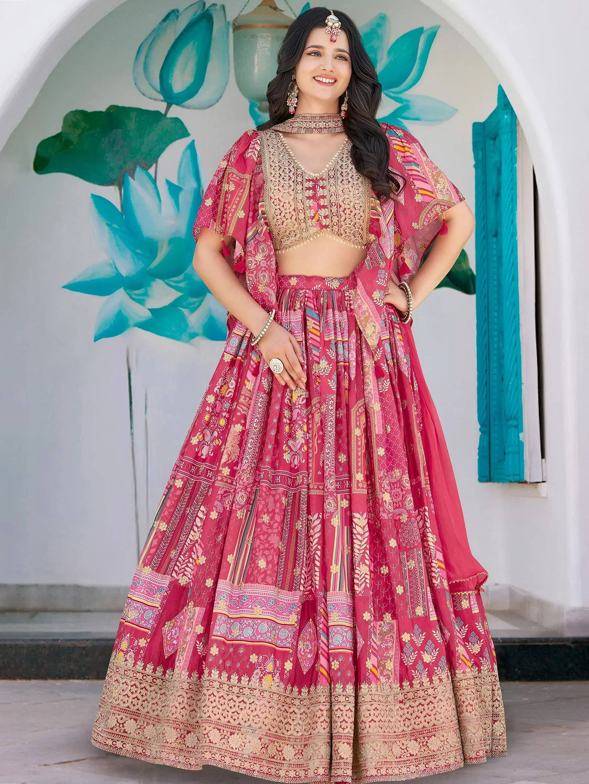 Tulsi Art Attractive Pink Chinon Thread Embroidered Wedding Wear Lehenga Choli | Grocsy