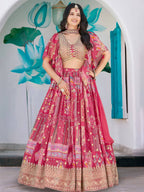 Tulsi Art Attractive Pink Chinon Thread Embroidered Wedding Wear Lehenga Choli | Grocsy