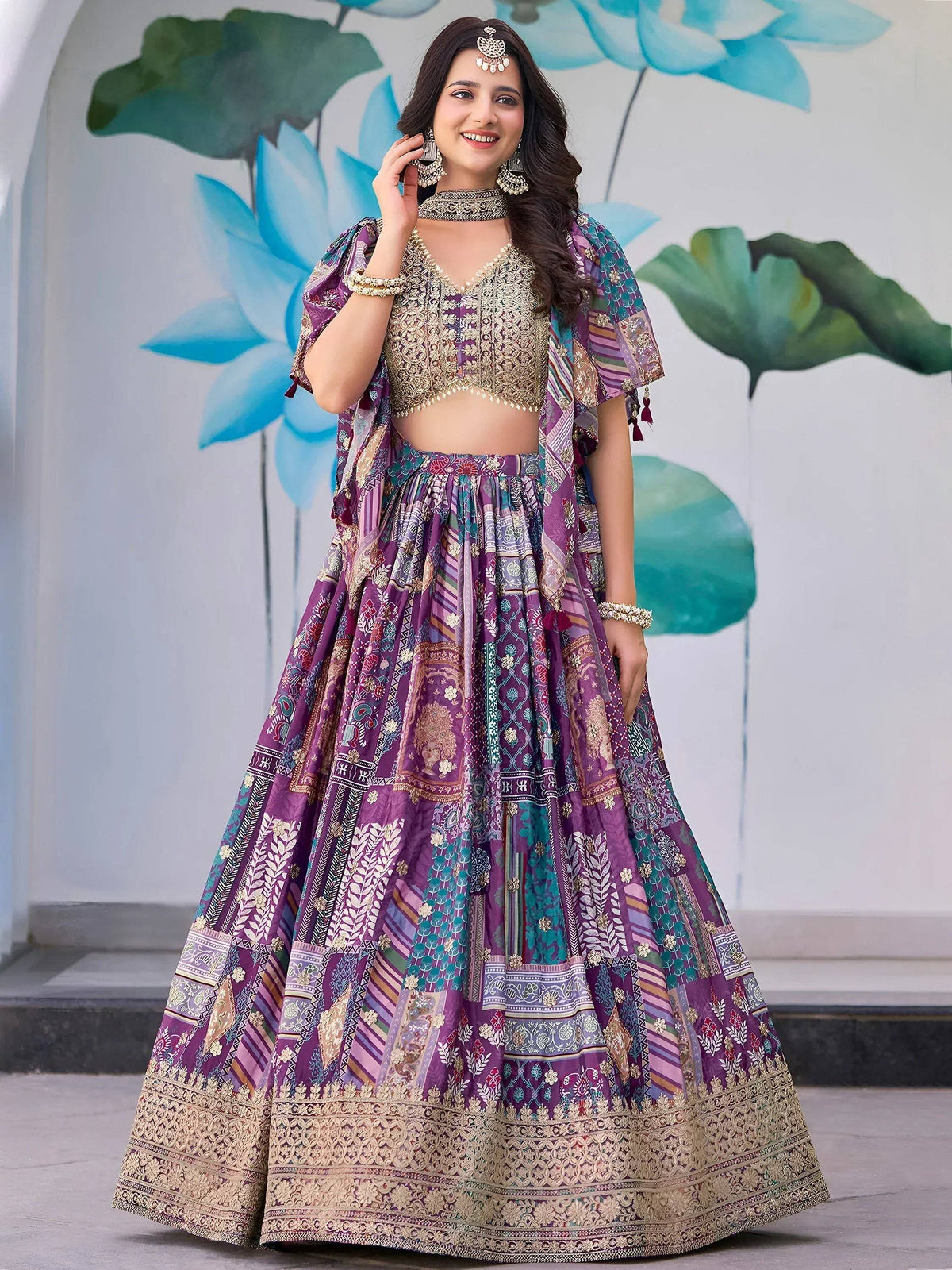 Tulsi Art Adorable Purple Chinon Zari Work Bridesmaid Lehenga Choli With Dupatta | Grocsy