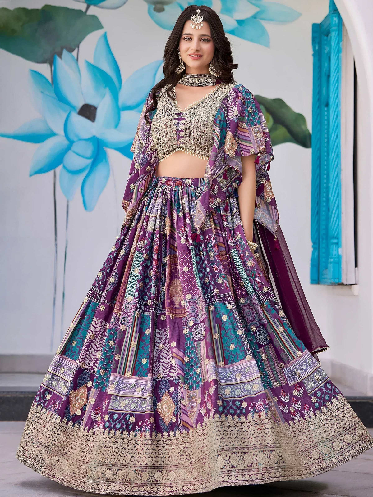 Tulsi Art Adorable Purple Chinon Zari Work Bridesmaid Lehenga Choli With Dupatta | Grocsy