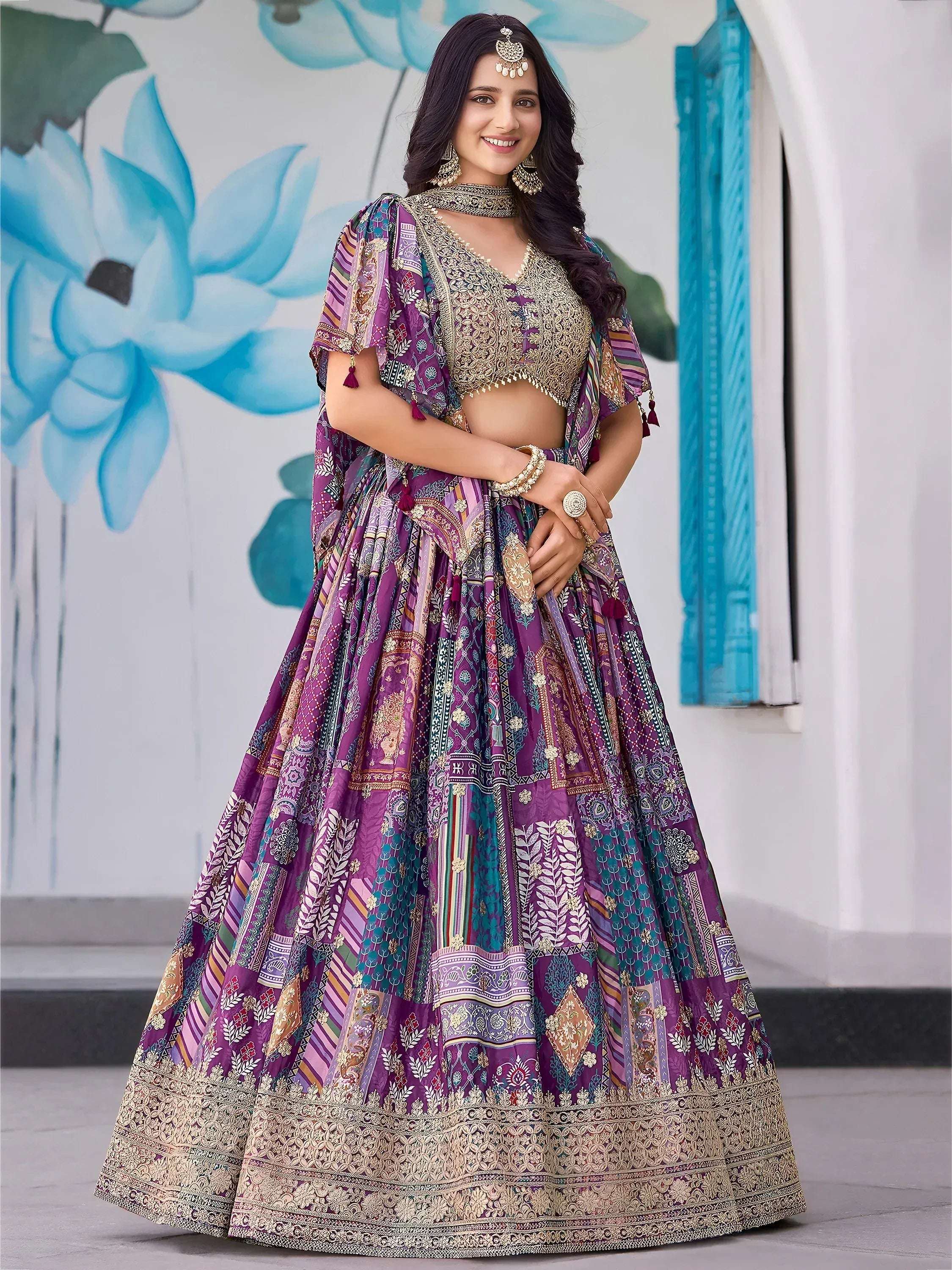 Tulsi Art Adorable Purple Chinon Zari Work Bridesmaid Lehenga Choli With Dupatta | Grocsy
