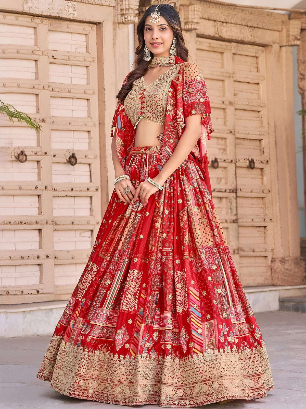 Tulsi Art Stunning Red Chinon Digital Printed Wedding Lehenga Choli | Grocsy