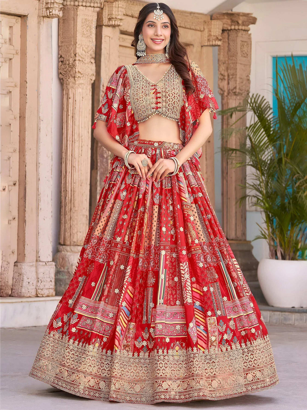 Tulsi Art Stunning Red Chinon Digital Printed Wedding Lehenga Choli | Grocsy