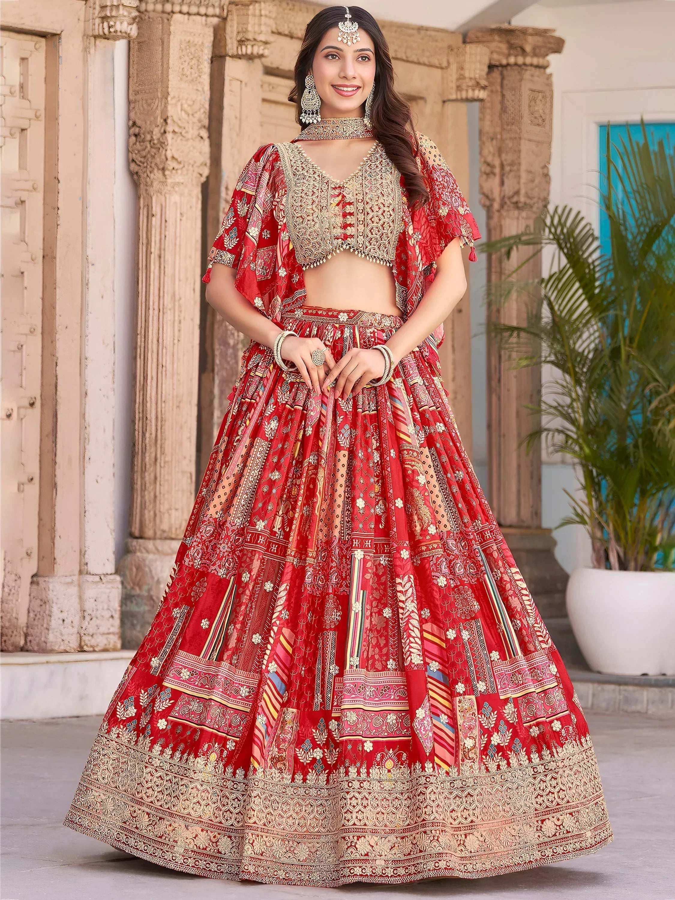 Tulsi Art Stunning Red Chinon Digital Printed Wedding Lehenga Choli | Grocsy