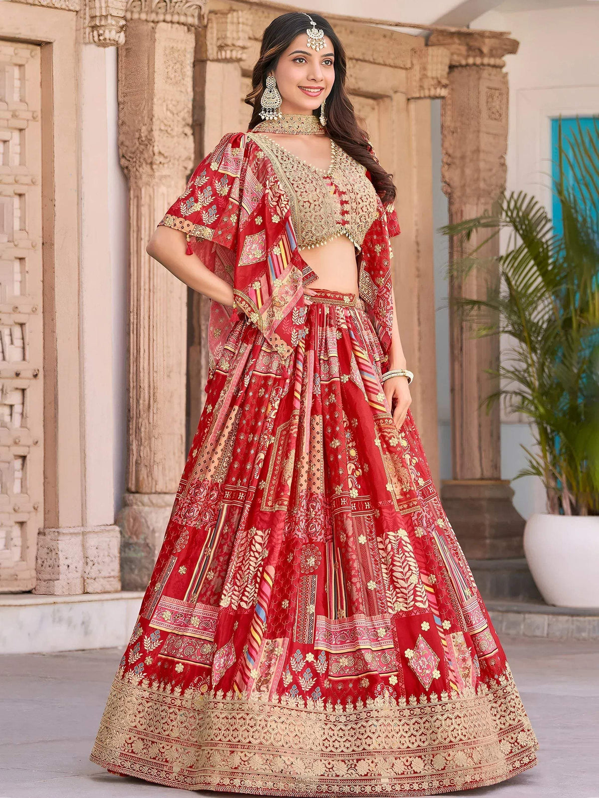 Tulsi Art Stunning Red Chinon Digital Printed Wedding Lehenga Choli | Grocsy