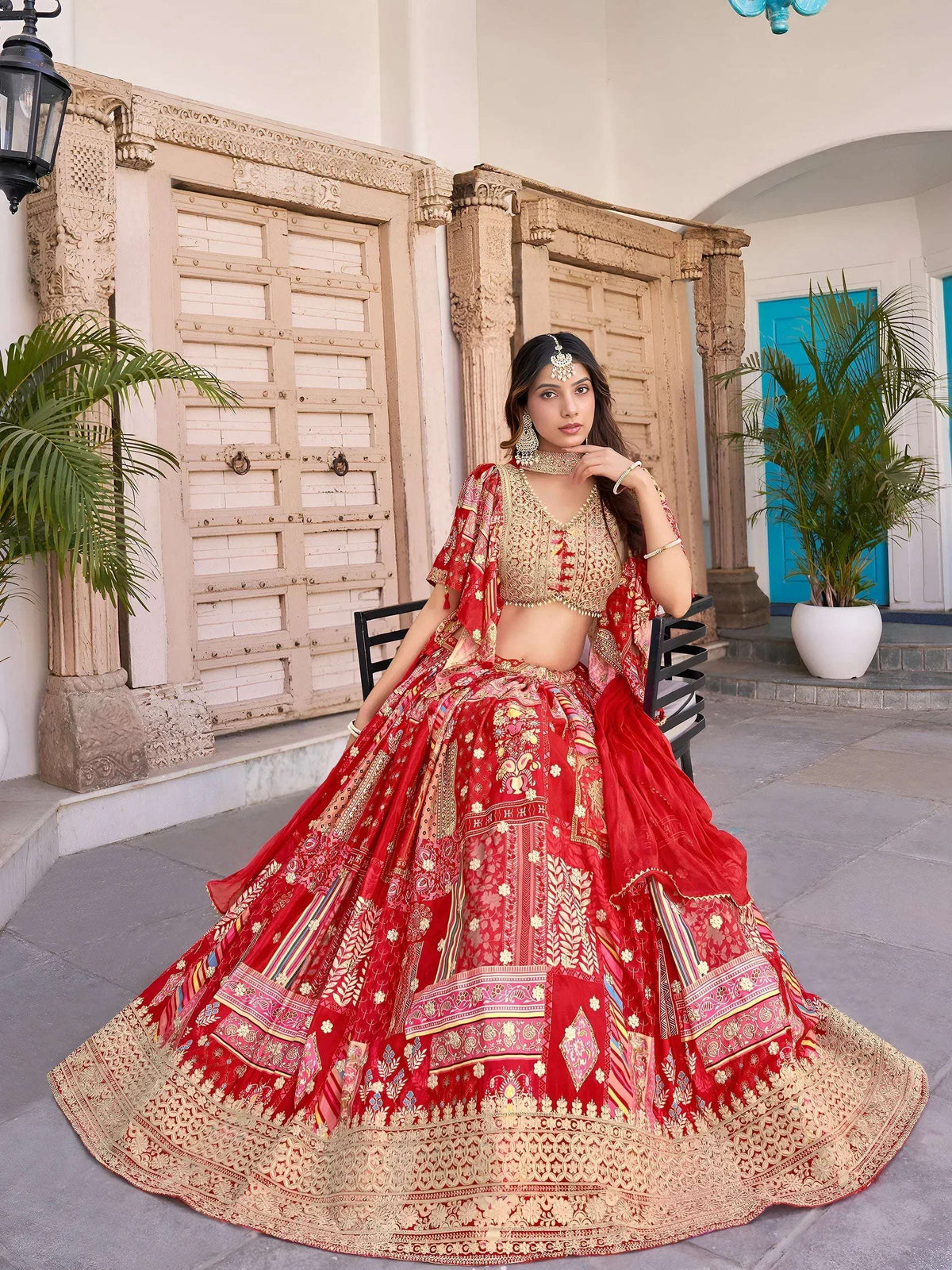 Tulsi Art Stunning Red Chinon Digital Printed Wedding Lehenga Choli | Grocsy
