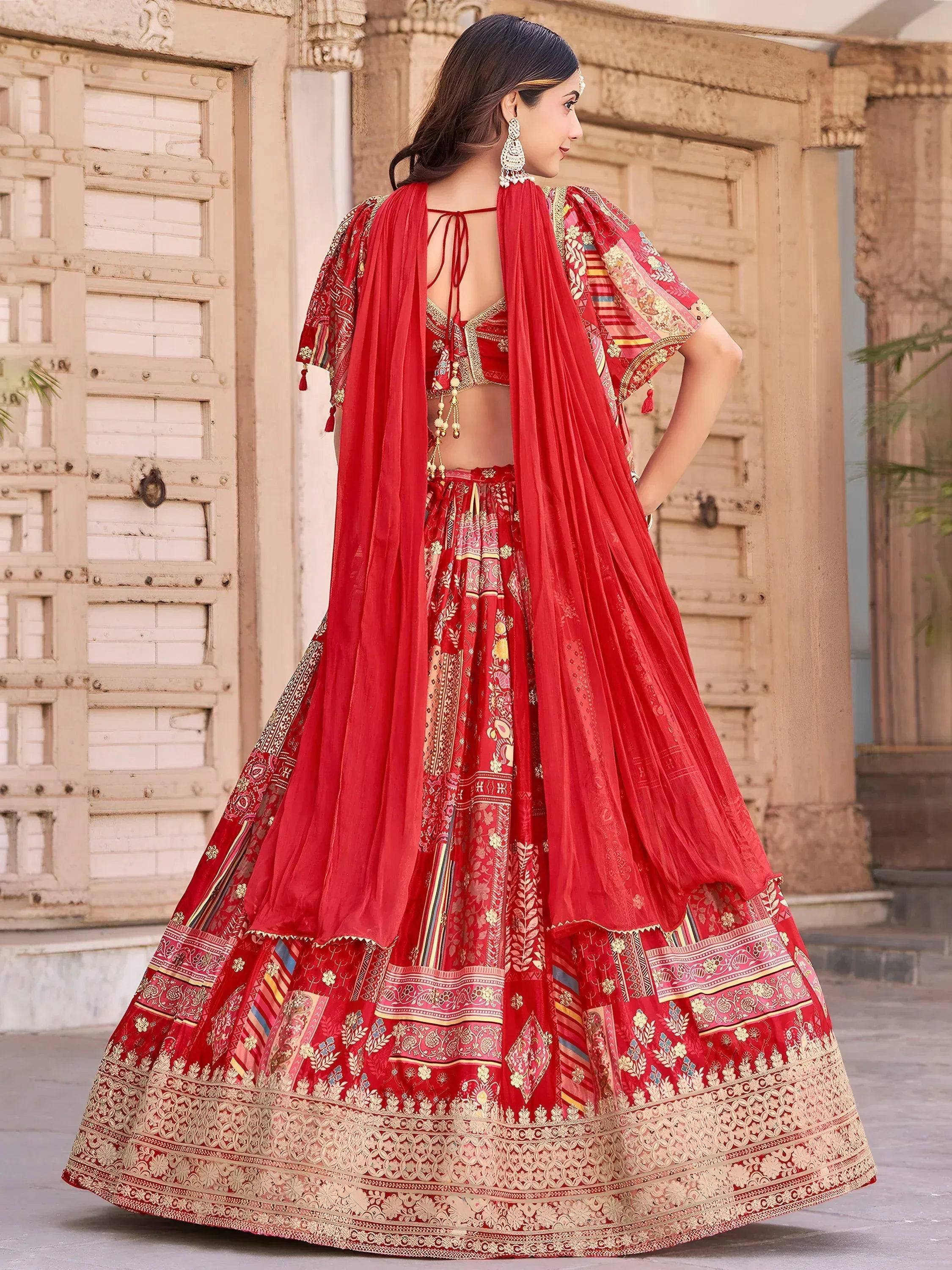 Tulsi Art Stunning Red Chinon Digital Printed Wedding Lehenga Choli | Grocsy