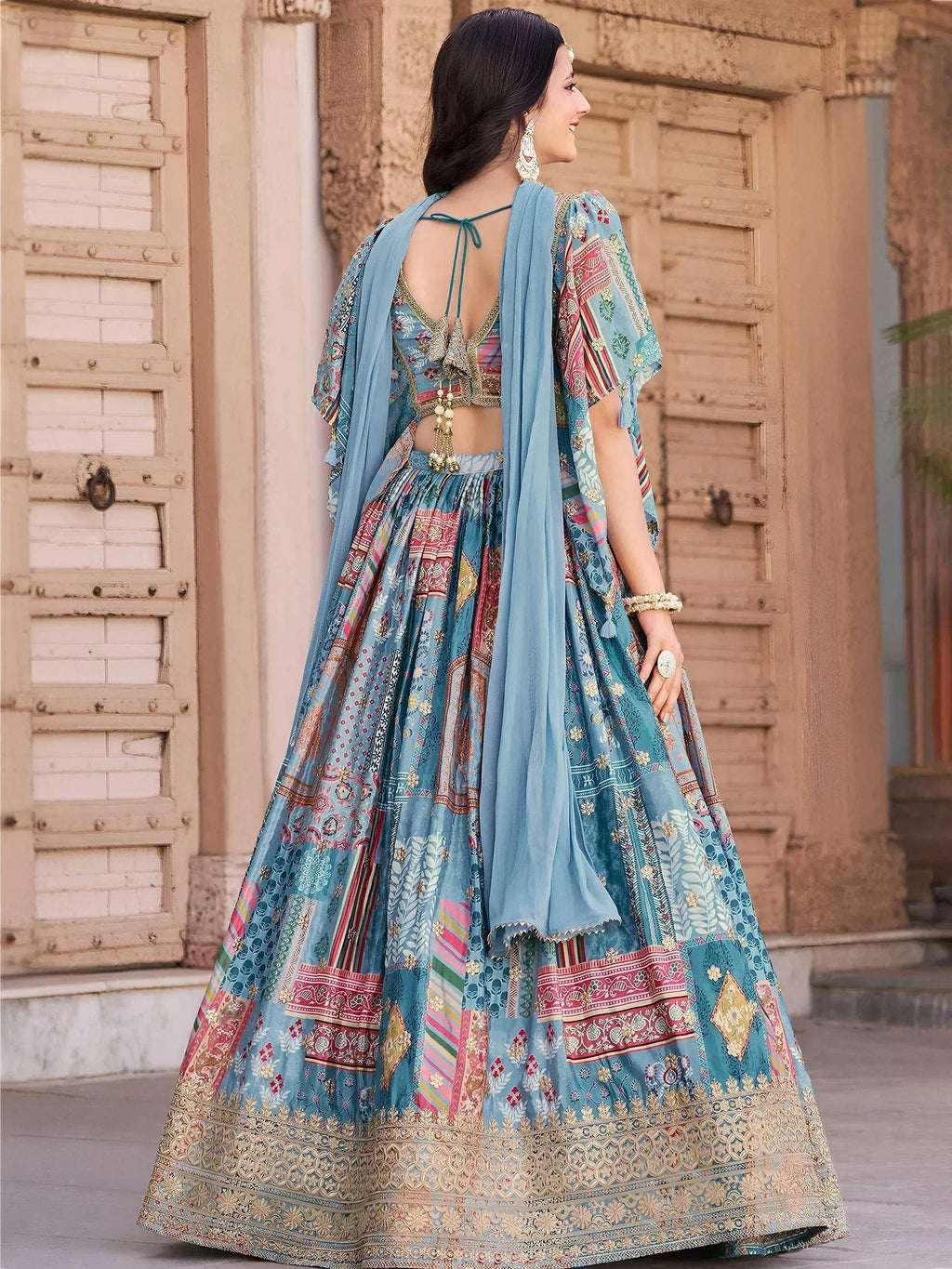 Tulsi Art Regal Sky Blue Dori Embroidered Chinon Lehenga Choli With Dupatta | Grocsy