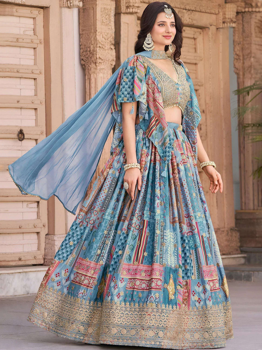 Tulsi Art Regal Sky Blue Dori Embroidered Chinon Lehenga Choli With Dupatta | Grocsy