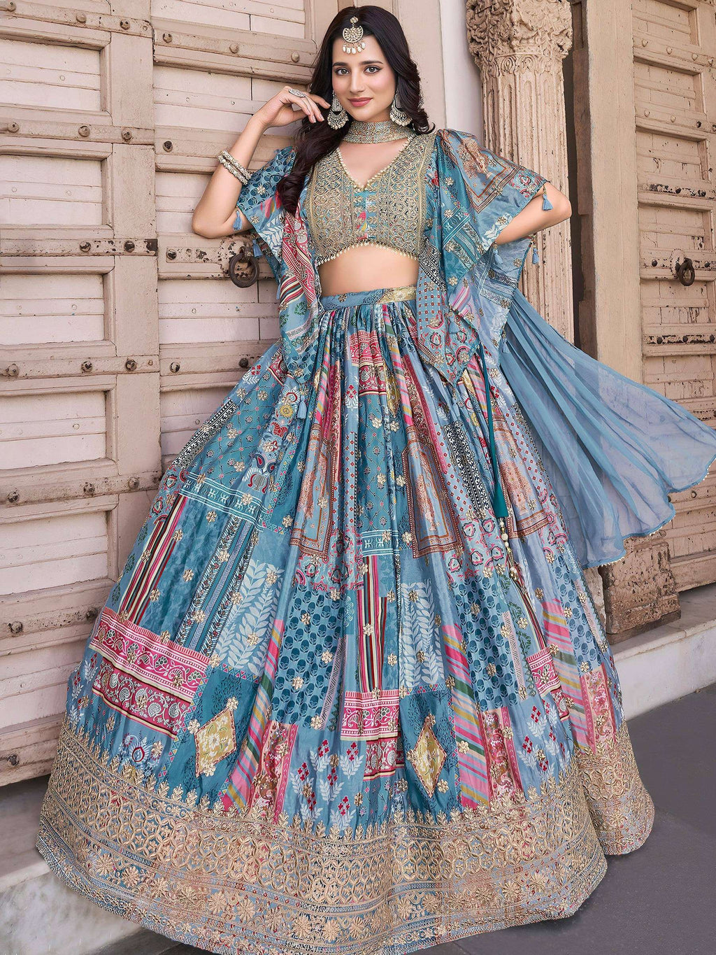 Tulsi Art Regal Sky Blue Dori Embroidered Chinon Lehenga Choli With Dupatta | Grocsy