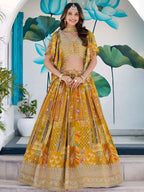 Tulsi Art Timeless Yellow Zari Embroidered Chinon Lehenga Choli With Dupatta | Grocsy