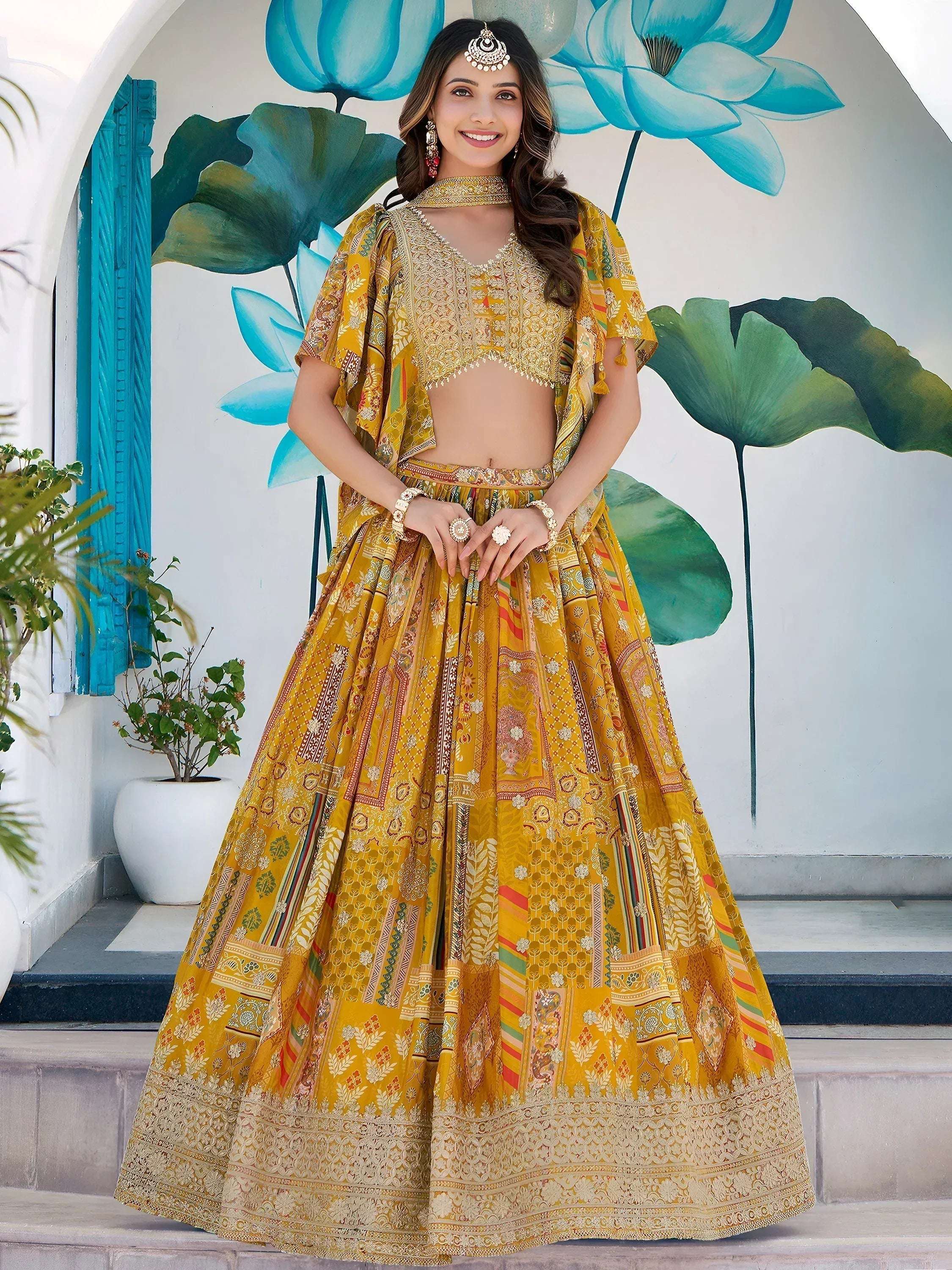 Tulsi Art Timeless Yellow Zari Embroidered Chinon Lehenga Choli With Dupatta | Grocsy