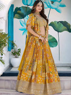 Tulsi Art Timeless Yellow Zari Embroidered Chinon Lehenga Choli With Dupatta | Grocsy