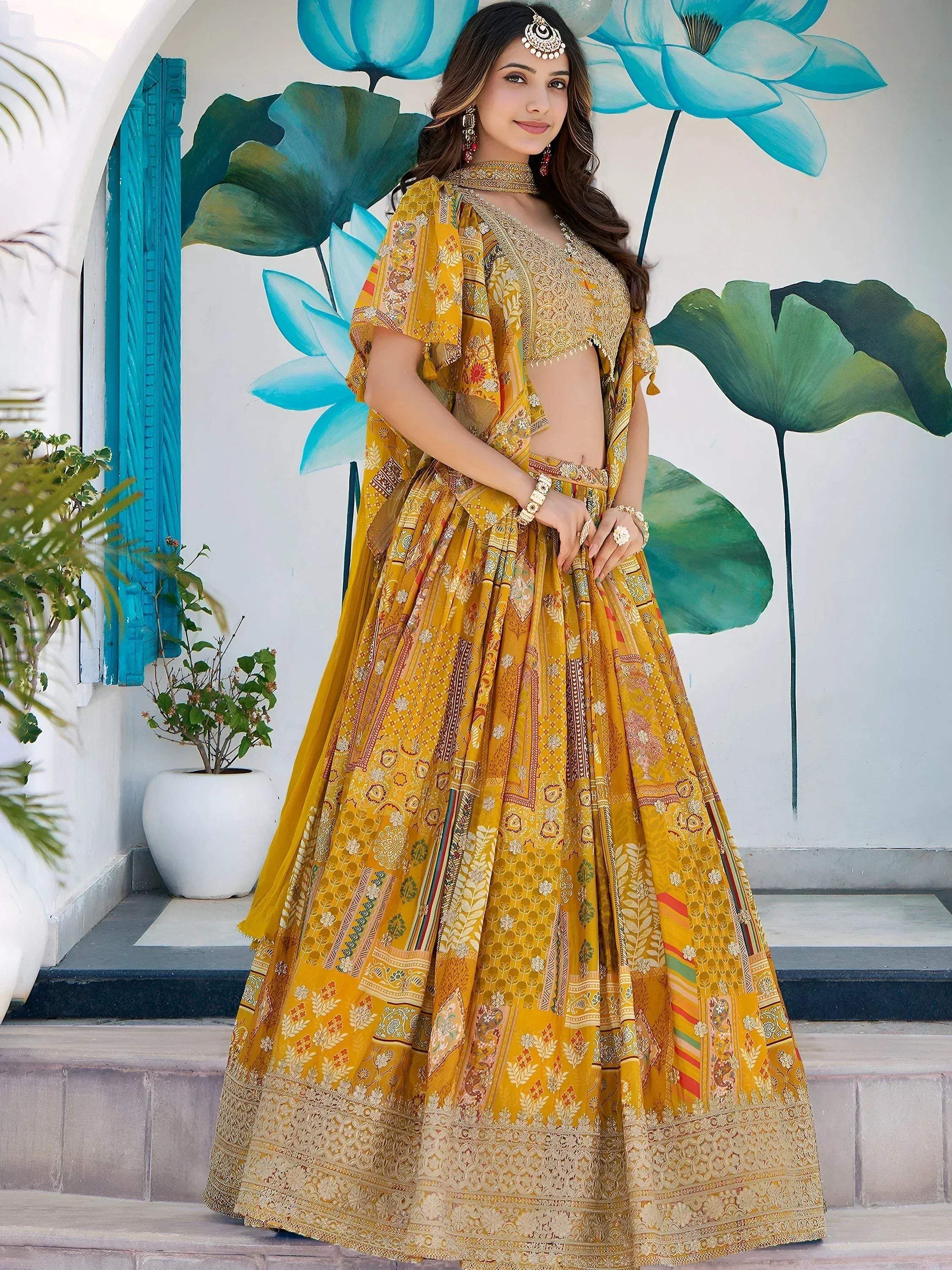 Tulsi Art Timeless Yellow Zari Embroidered Chinon Lehenga Choli With Dupatta | Grocsy