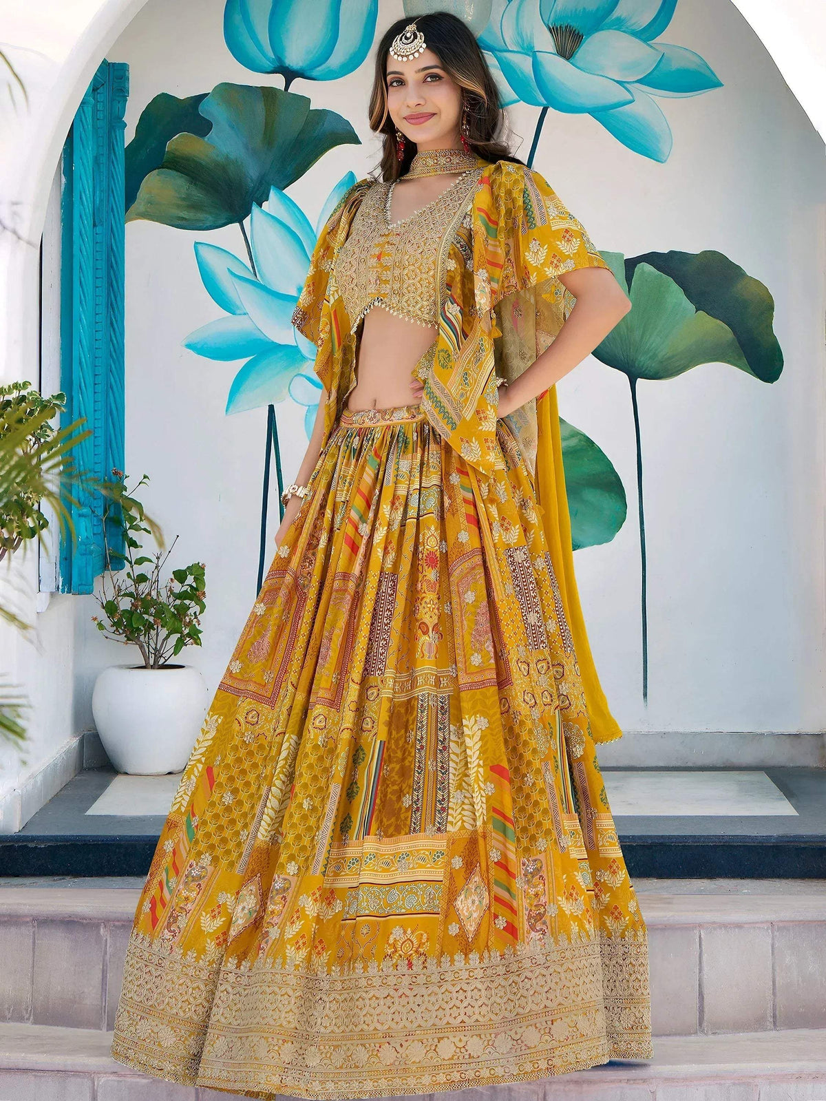 Tulsi Art Timeless Yellow Zari Embroidered Chinon Lehenga Choli With Dupatta | Grocsy