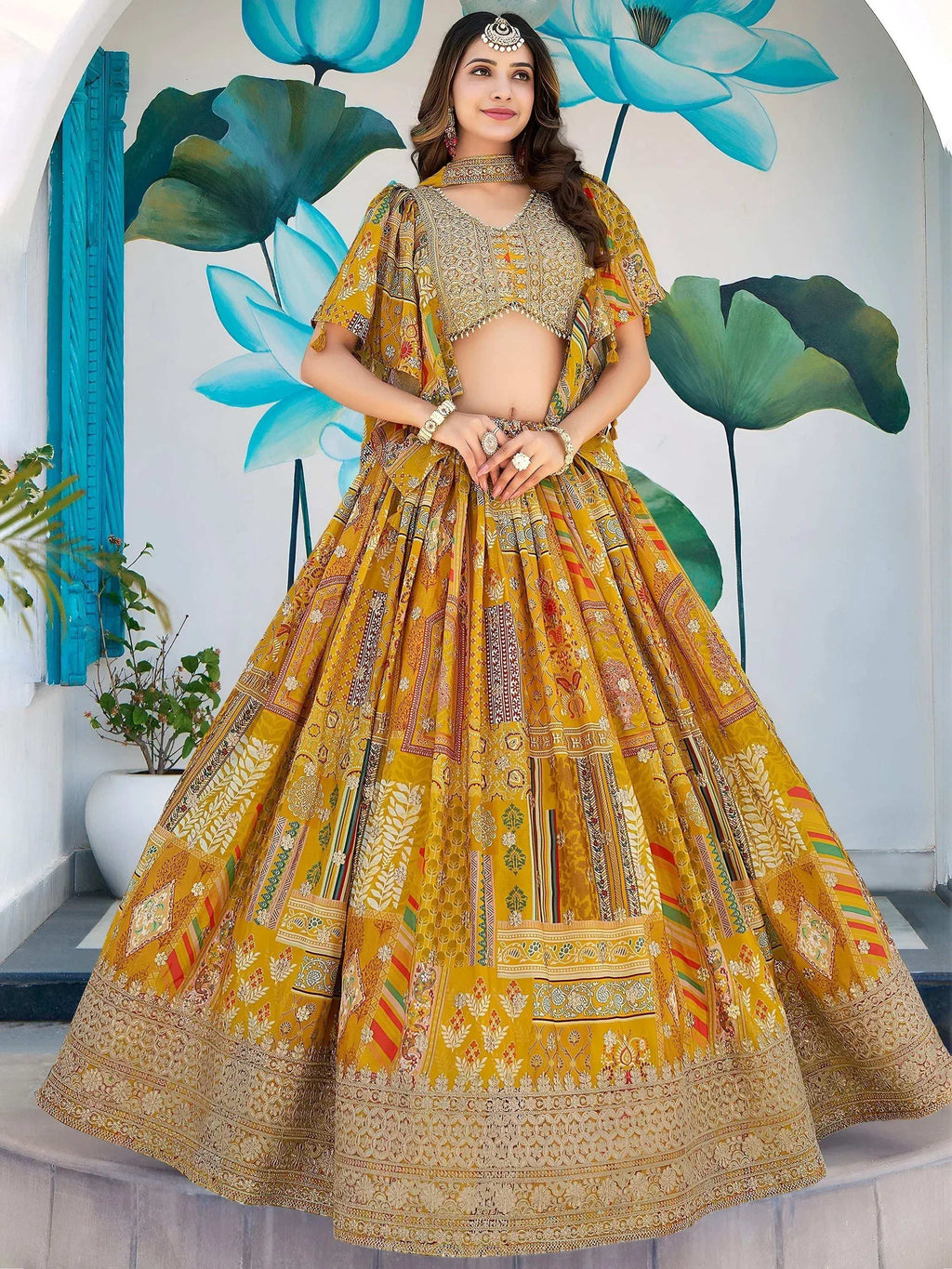 Tulsi Art Timeless Yellow Zari Embroidered Chinon Lehenga Choli With Dupatta | Grocsy