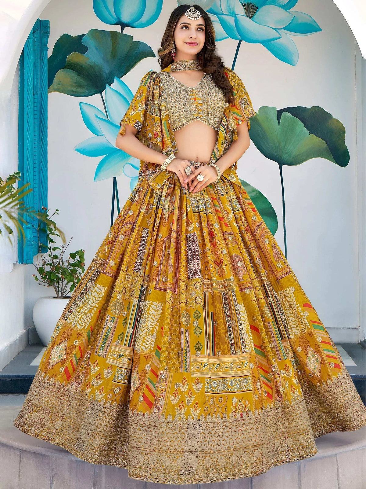 Tulsi Art Timeless Yellow Zari Embroidered Chinon Lehenga Choli With Dupatta | Grocsy