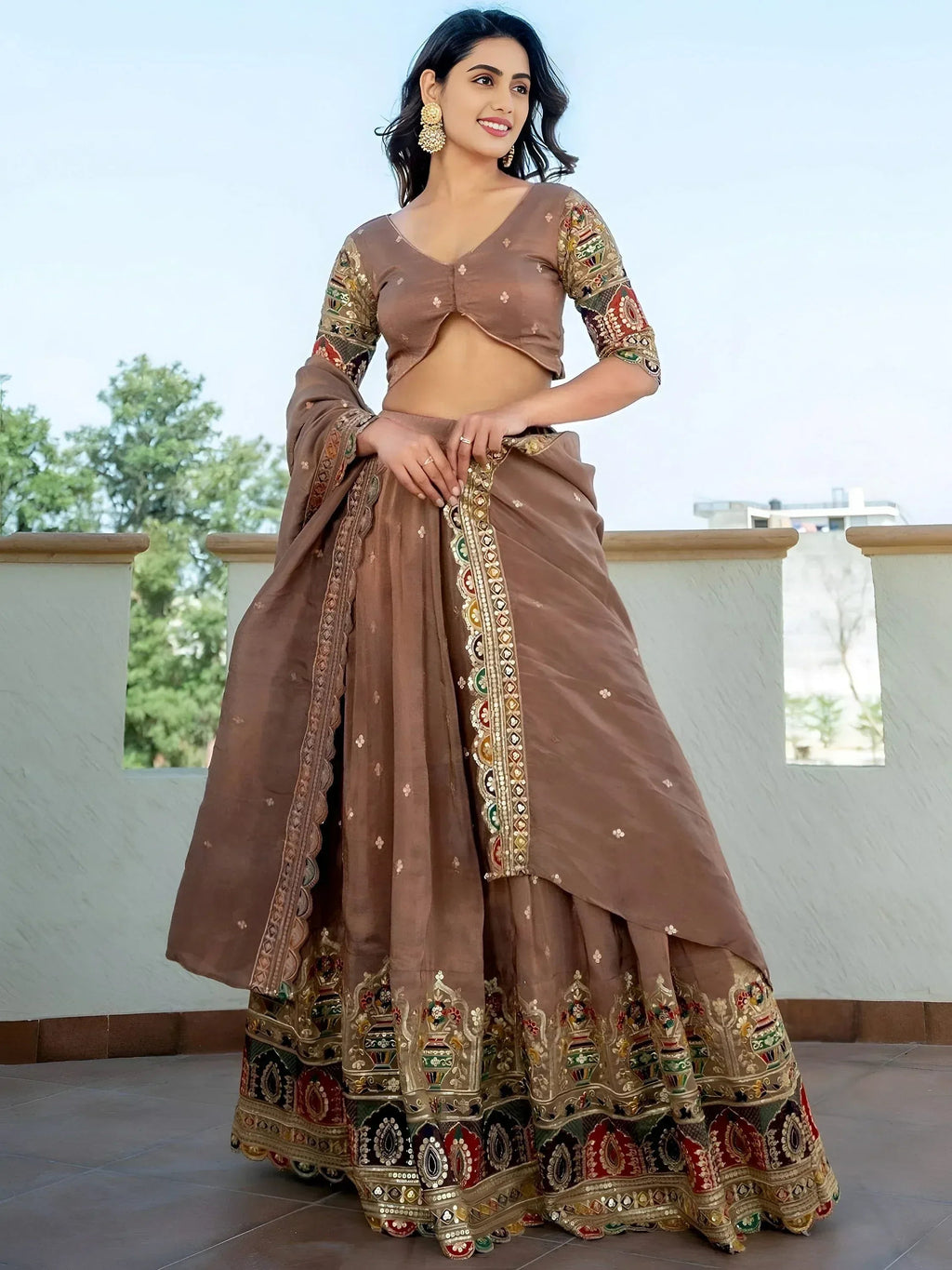 Tulsi Art Stunning Beige Silk Sequins Party Wear Lehenga Choli With Dupatta | Grocsy
