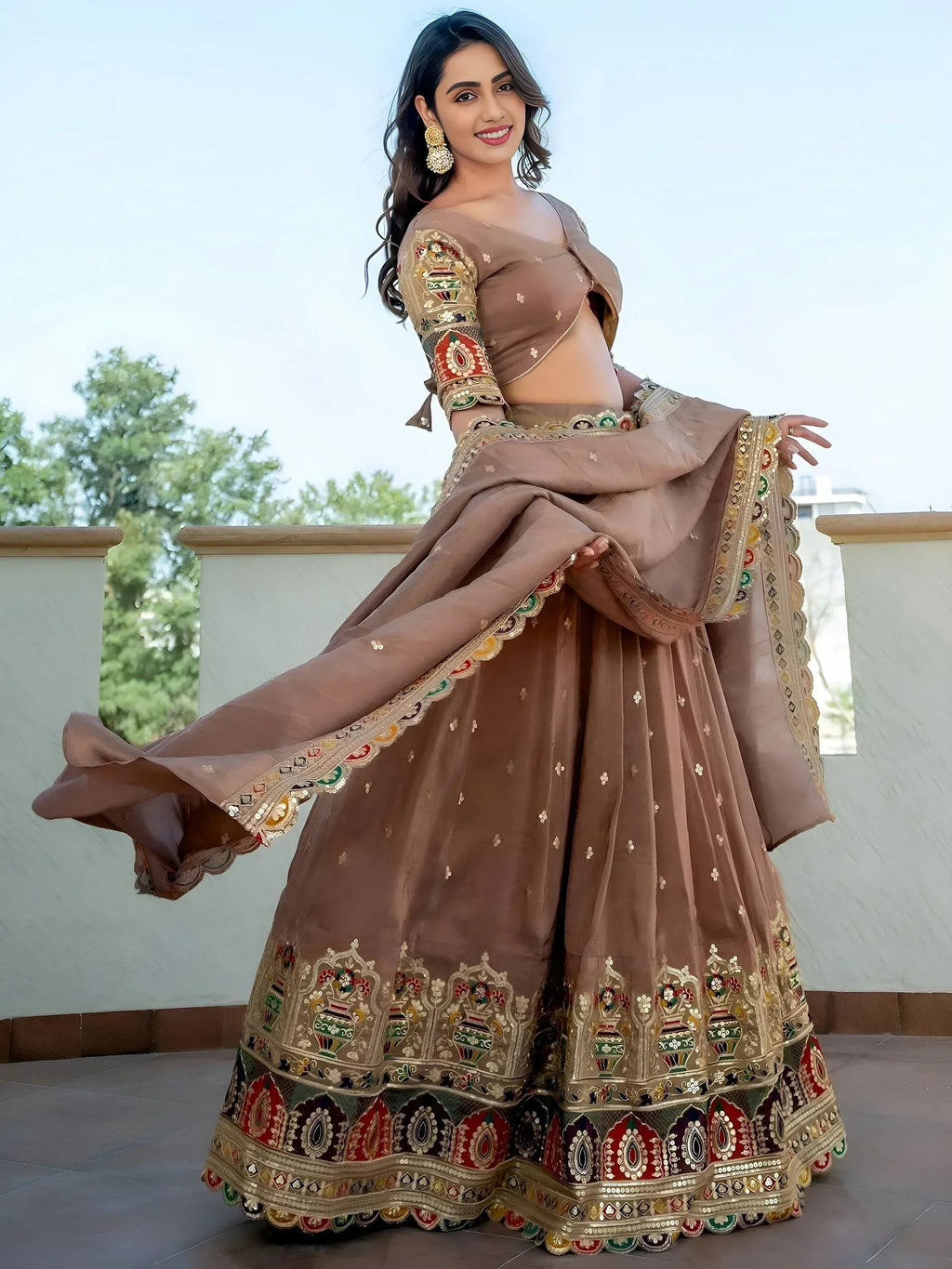 Tulsi Art Stunning Beige Silk Sequins Party Wear Lehenga Choli With Dupatta | Grocsy