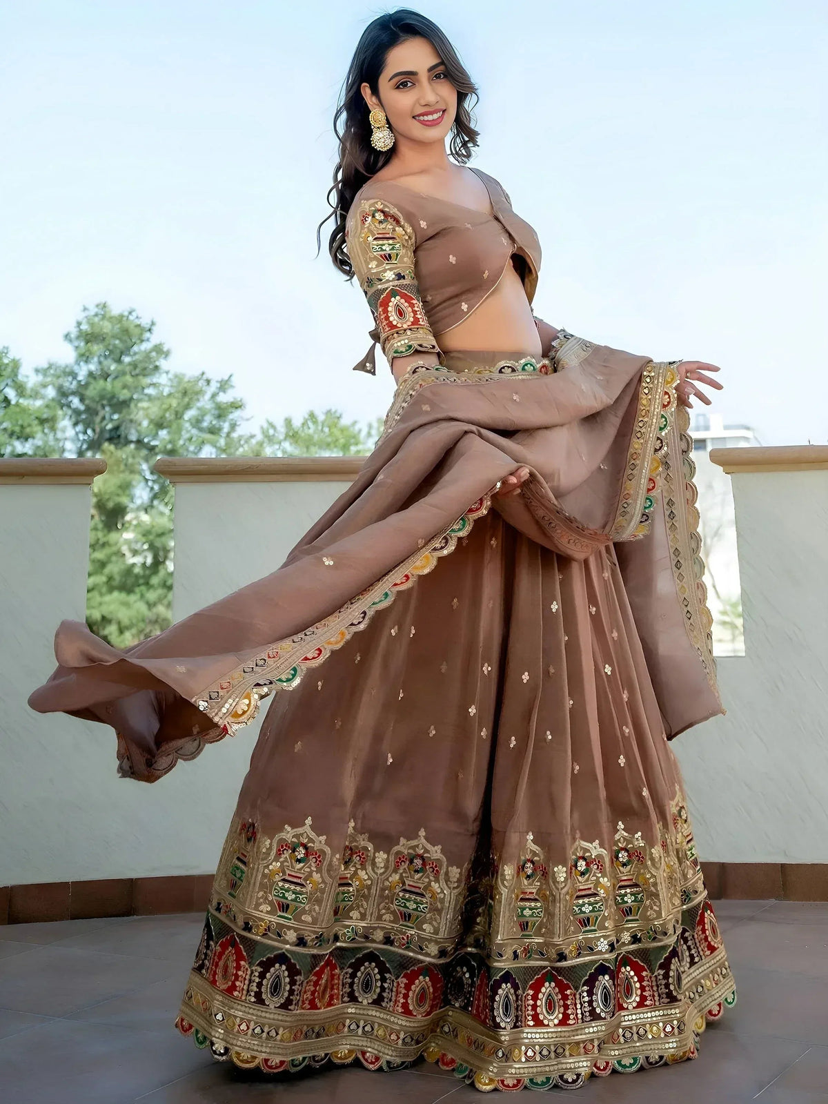 Tulsi Art Stunning Beige Silk Sequins Party Wear Lehenga Choli With Dupatta | Grocsy