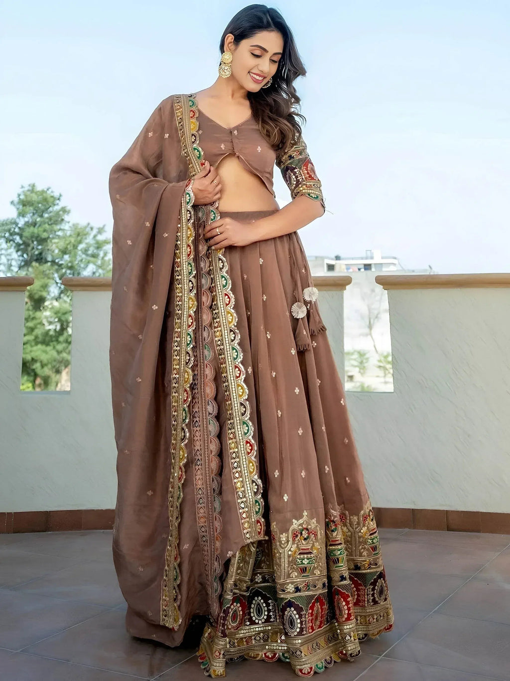 Tulsi Art Stunning Beige Silk Sequins Party Wear Lehenga Choli With Dupatta | Grocsy