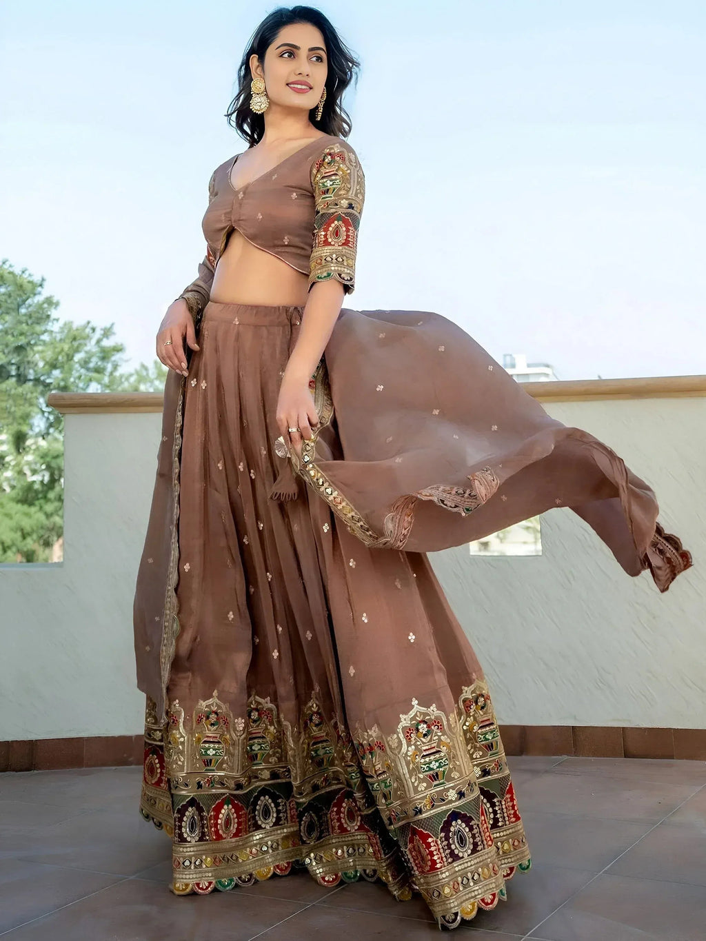 Tulsi Art Stunning Beige Silk Sequins Party Wear Lehenga Choli With Dupatta | Grocsy