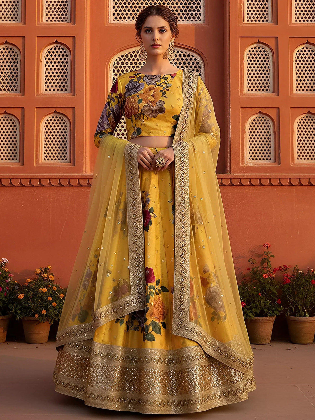Tulsi Art Beautiful Yellow Floral Printed Silk Festival Wear Lehenga Choli With Dupatta | Grocsy
