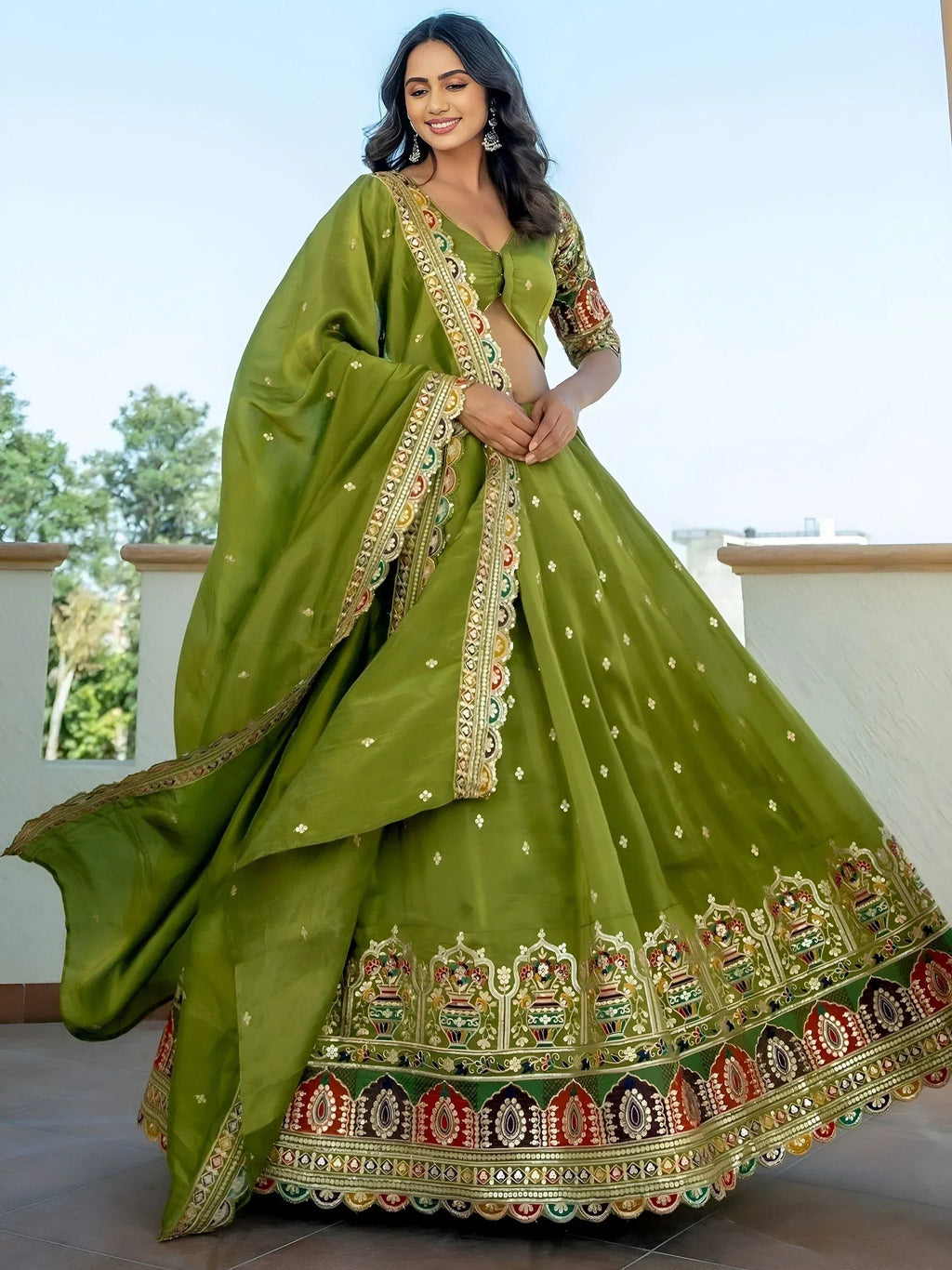 Tulsi Art Dazzling Green Thread Embroidered Silk Mehendi Wear Lehenga Choli | Grocsy