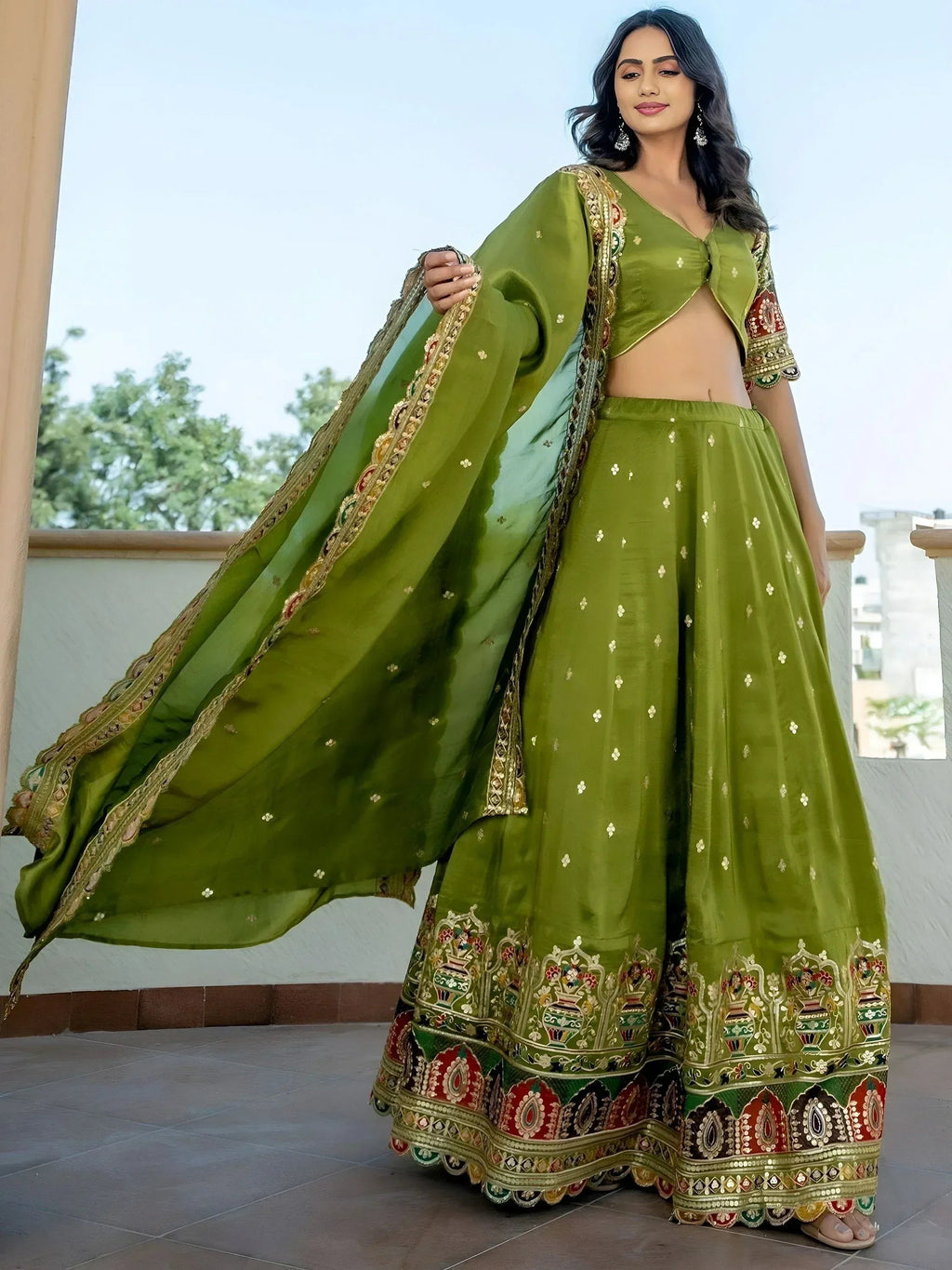 Tulsi Art Dazzling Green Thread Embroidered Silk Mehendi Wear Lehenga Choli | Grocsy
