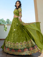 Tulsi Art Dazzling Green Thread Embroidered Silk Mehendi Wear Lehenga Choli | Grocsy