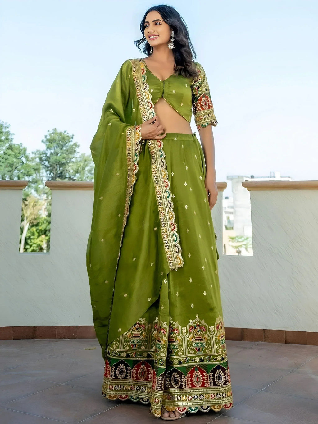 Tulsi Art Dazzling Green Thread Embroidered Silk Mehendi Wear Lehenga Choli | Grocsy