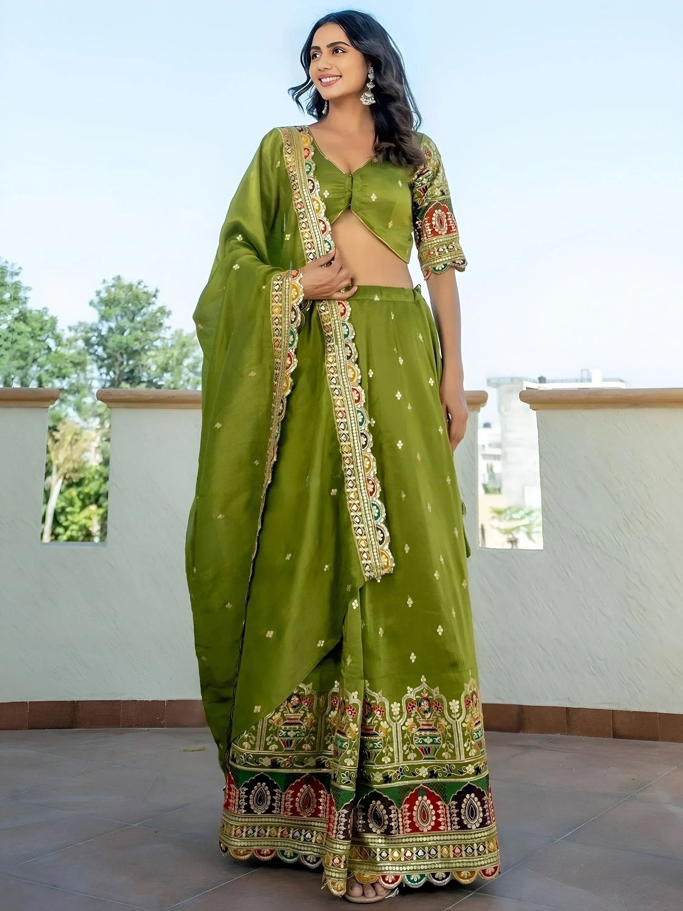 Tulsi Art Dazzling Green Thread Embroidered Silk Mehendi Wear Lehenga Choli | Grocsy