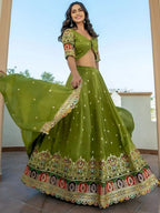 Tulsi Art Dazzling Green Thread Embroidered Silk Mehendi Wear Lehenga Choli | Grocsy