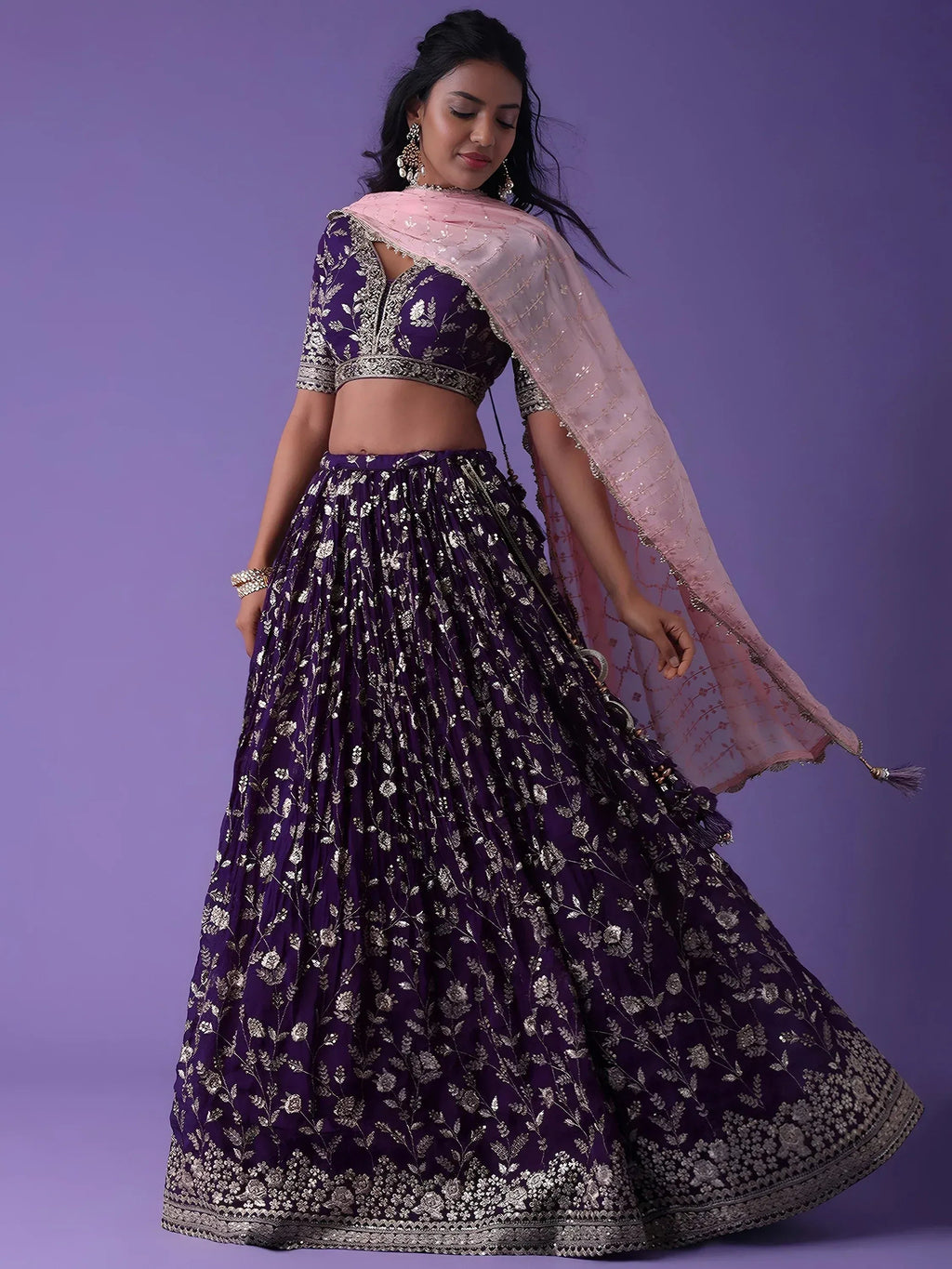Tulsi Art Precious Purple Zari Embroidered Georgette Lehenga Choli With Dupatta | Grocsy