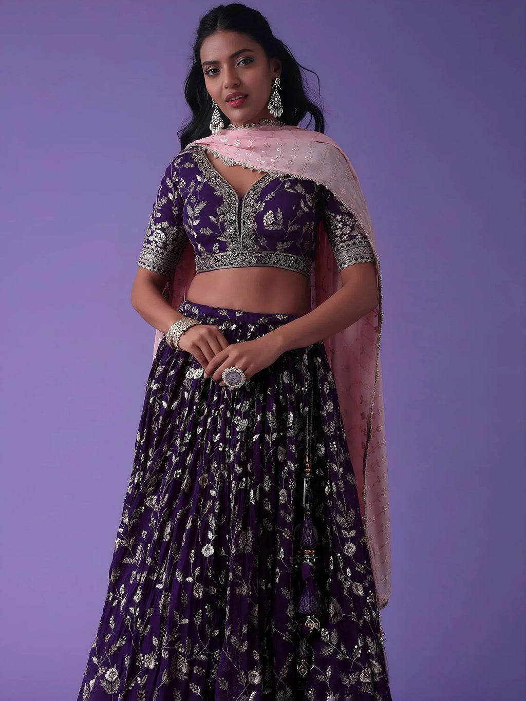 Tulsi Art Precious Purple Zari Embroidered Georgette Lehenga Choli With Dupatta | Grocsy