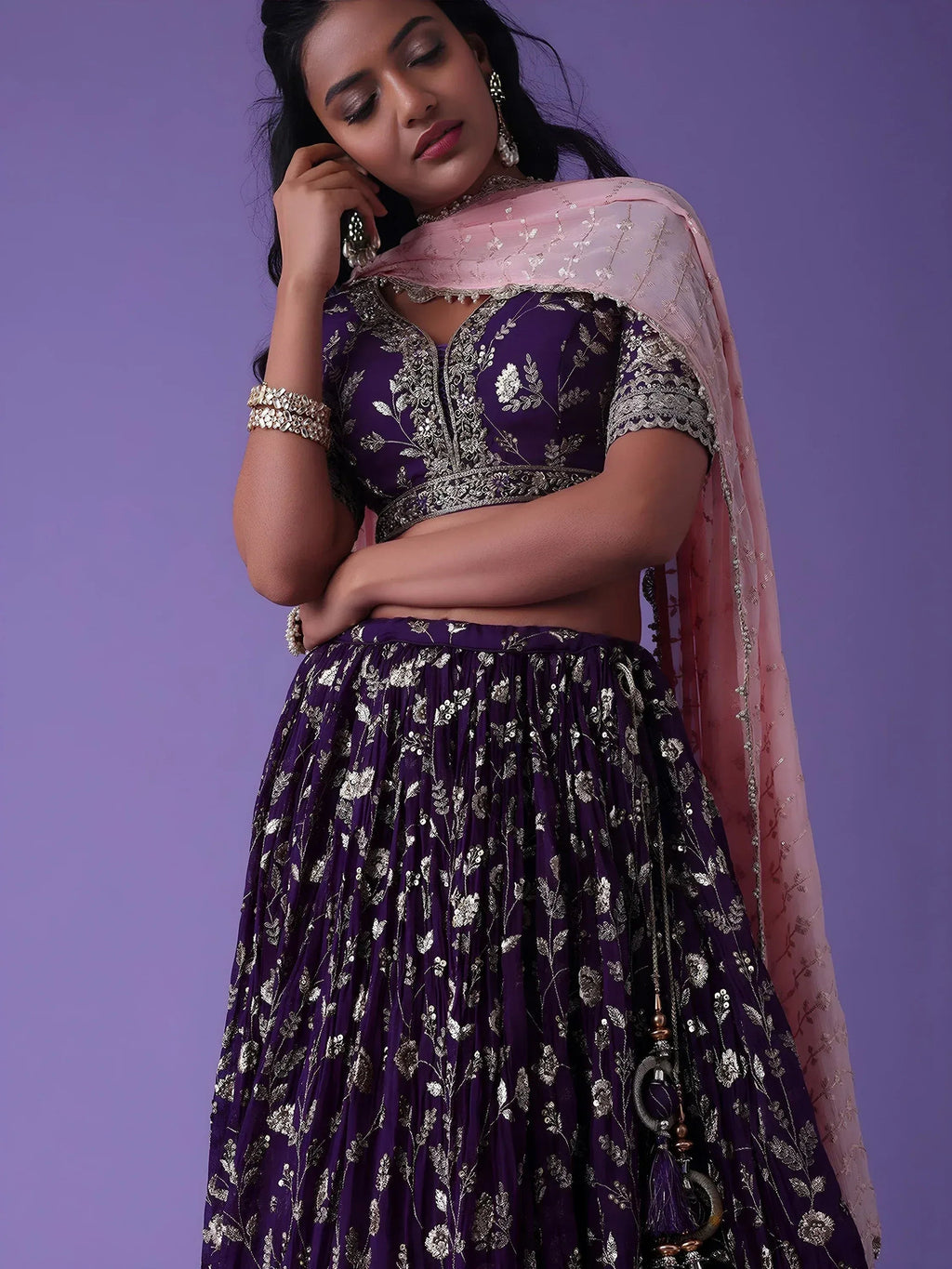 Tulsi Art Precious Purple Zari Embroidered Georgette Lehenga Choli With Dupatta | Grocsy