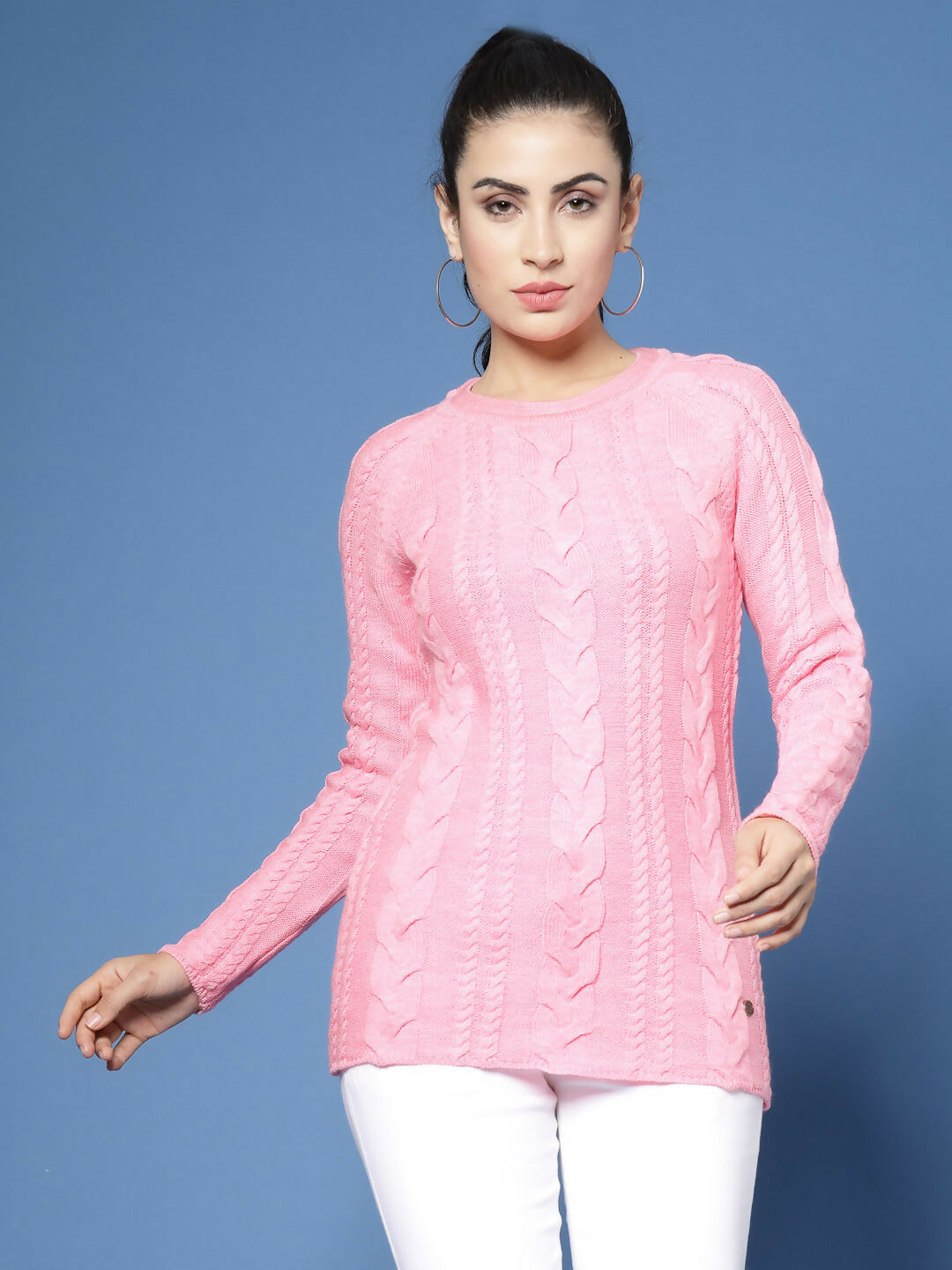 Women Pink Acrylic Self Design Winter Dress - Wool Trees | Grocsy