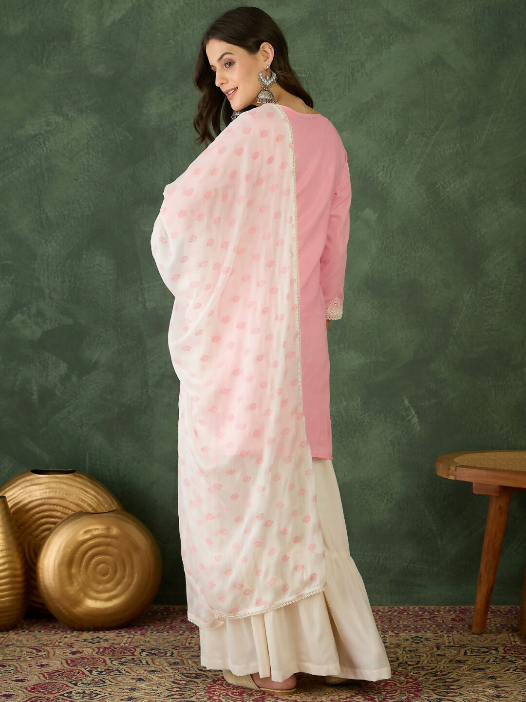 The52 Women's Gorgeous Embroidery Work Cotton Satin Fabric Straight Kurta Sharara and Dupatta Set-Peach | Grocsy