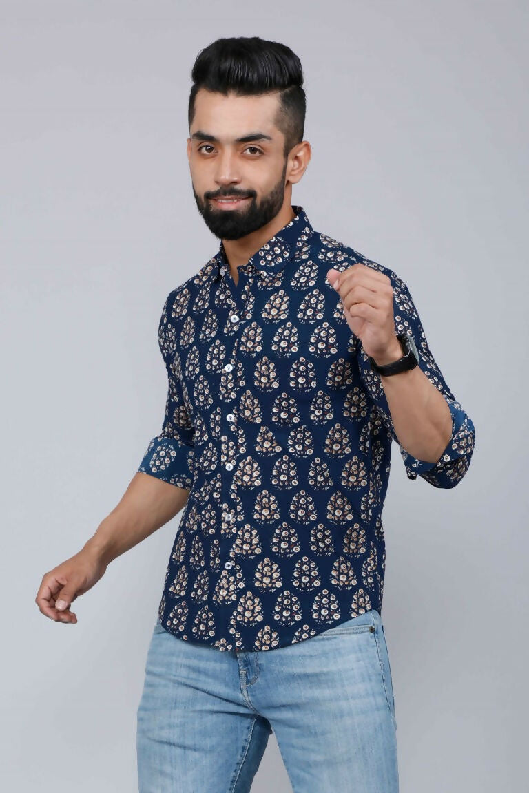 Miravan Men's Blue Floral Print Full Sleeve Casual Shirt | Grocsy