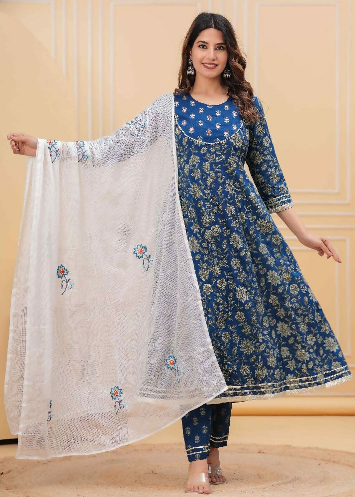 Jaimini Women Cotton Printed Round Neck Calf Length Flared Kurta Pant And Dupatta Set | Grocsy