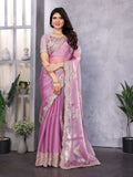 Vastranavya Lavender Embroidery Work Shimmer Chiffon Saree with Unstitched Blouse | Grocsy