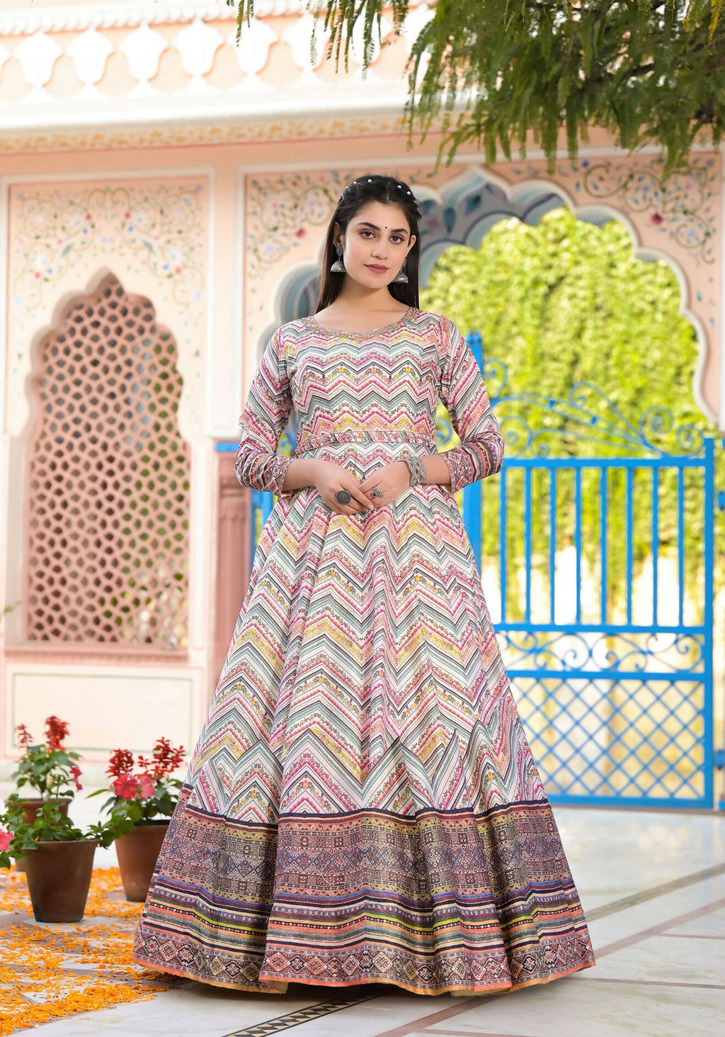 Functional Designer Off White-Muliti Dola Silk Anarkali suit with Dupatta - Ramya | Grocsy